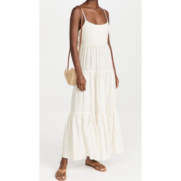 L*SPACE Santorini Cream Viscose Cotton Tie Back Tiered Midi Dress, Size M - Picture 2 of 13